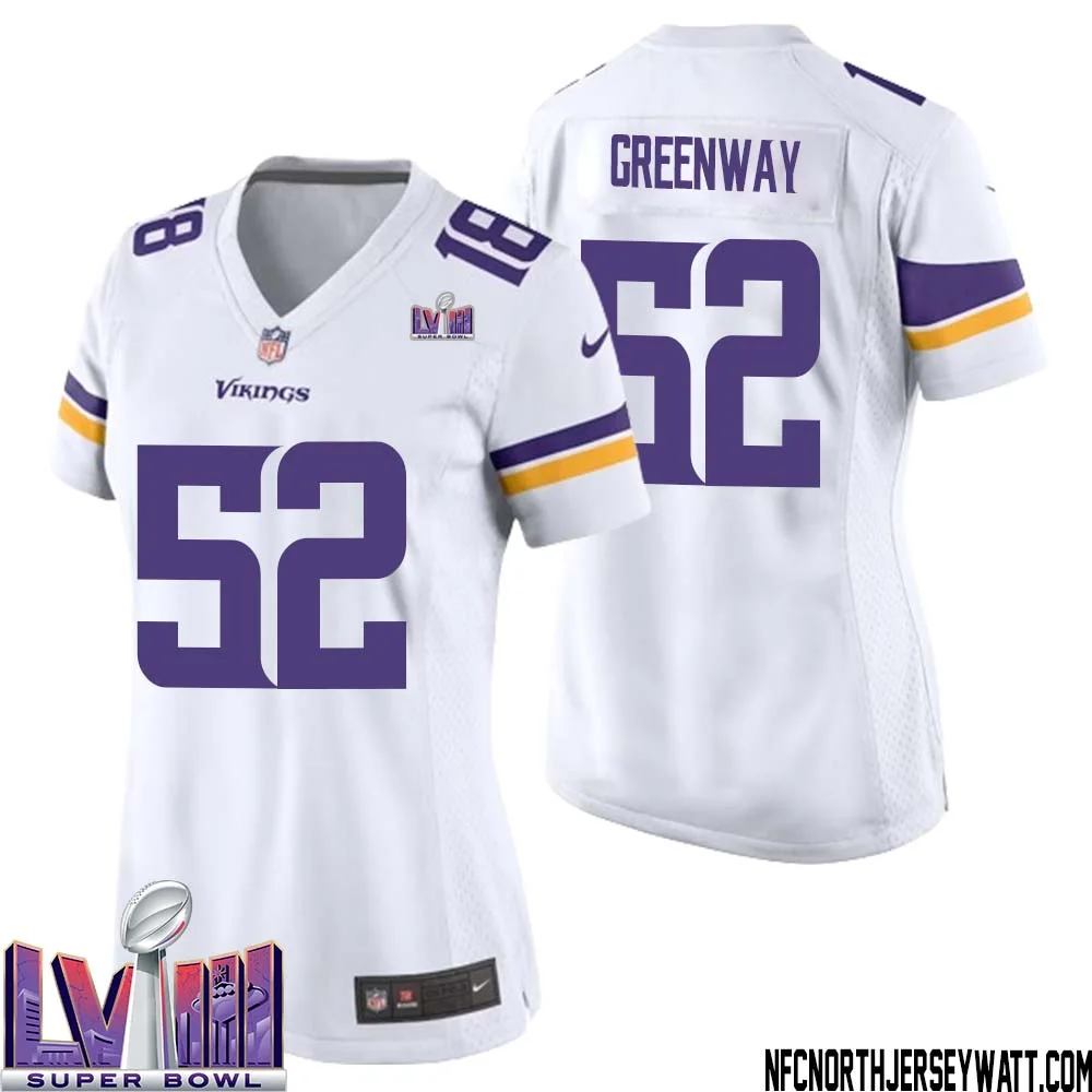Chad Greenway No 52 Minnesota Vikings Super Bowl LVIII Away Game Jersey White for Women