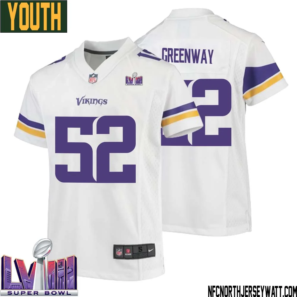 Chad Greenway No 52 Minnesota Vikings Super Bowl LVIII Away Game Jersey White for Youth 1