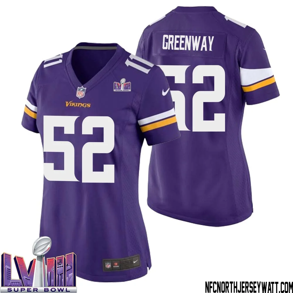 Chad Greenway No 52 Minnesota Vikings Super Bowl LVIII Home Game Jersey Court Purple for Women