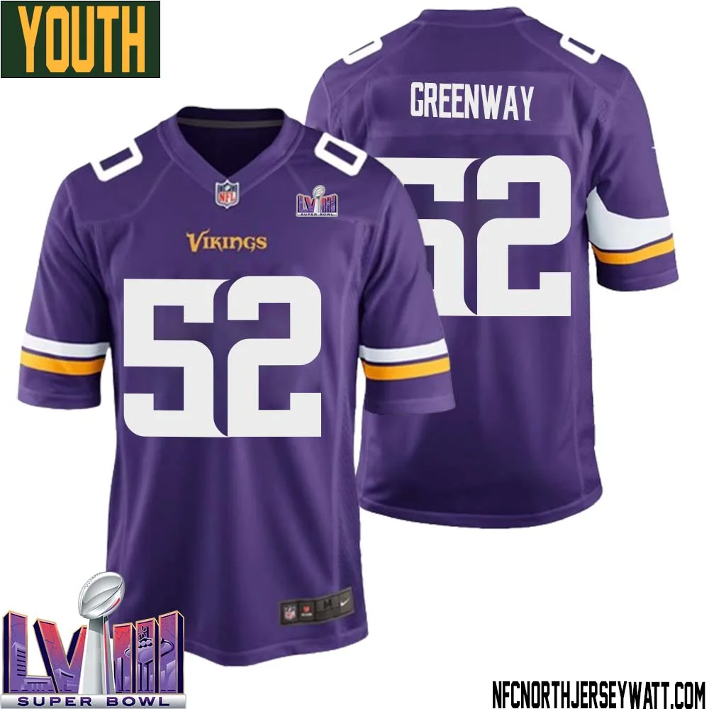 Chad Greenway No 52 Minnesota Vikings Super Bowl LVIII Home Game Jersey Court Purple for Youth