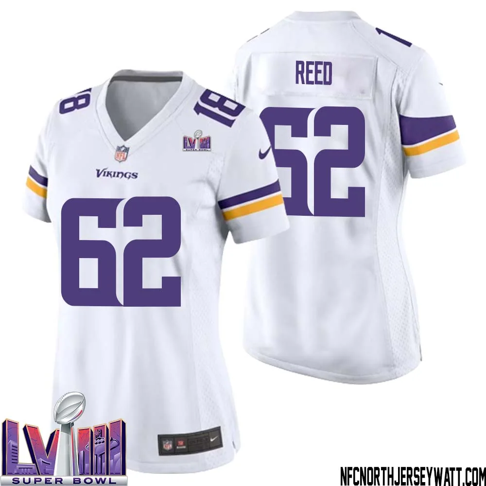 Chris Reed No 62 Minnesota Vikings Super Bowl LVIII Away Game Jersey White for Women 1