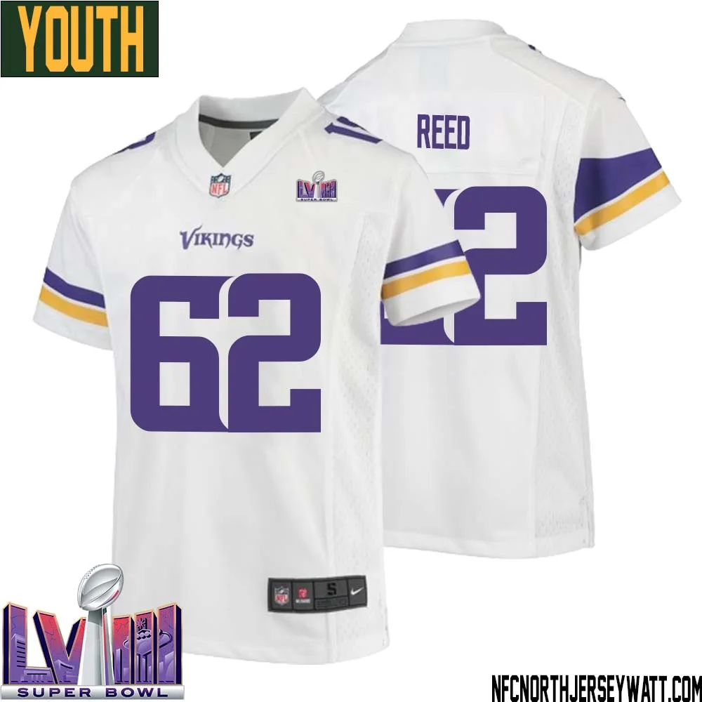 Chris Reed No 62 Minnesota Vikings Super Bowl LVIII Away Game Jersey White for Youth 1