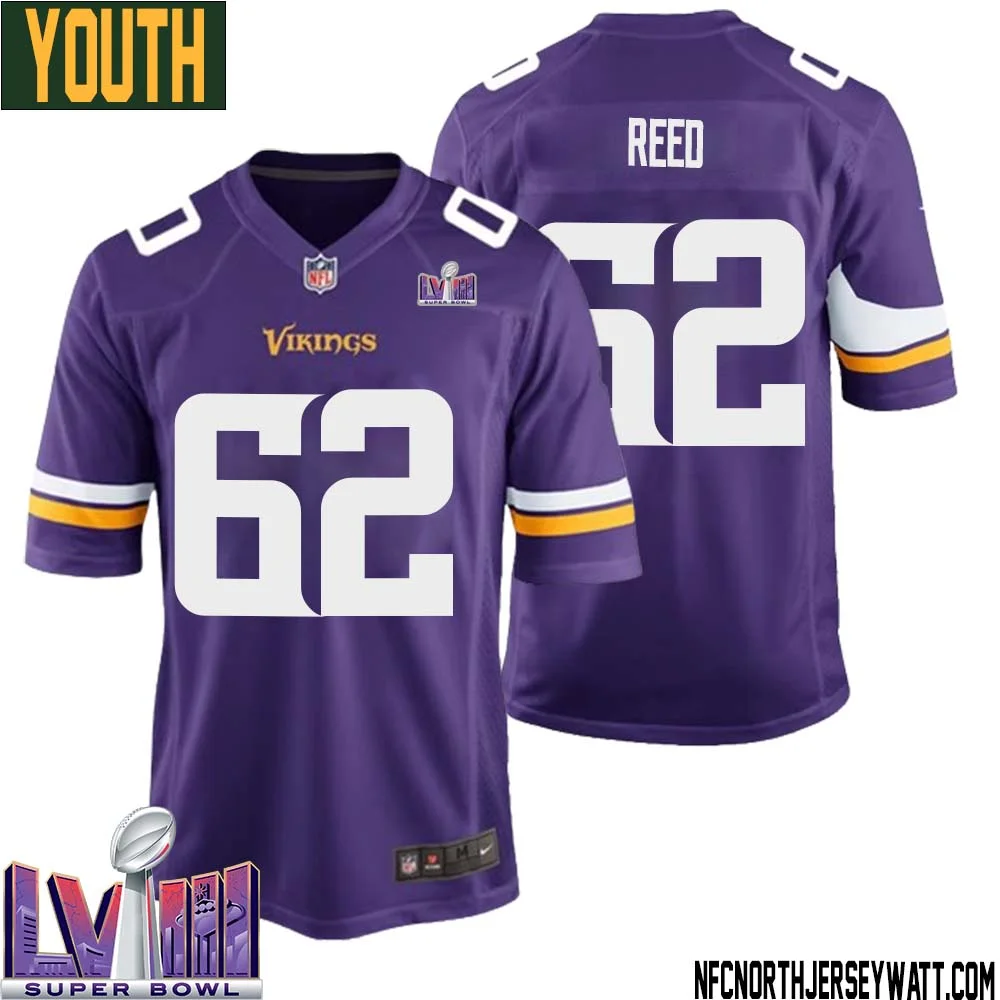 Chris Reed No 62 Minnesota Vikings Super Bowl LVIII Home Game Jersey Court Purple for Youth