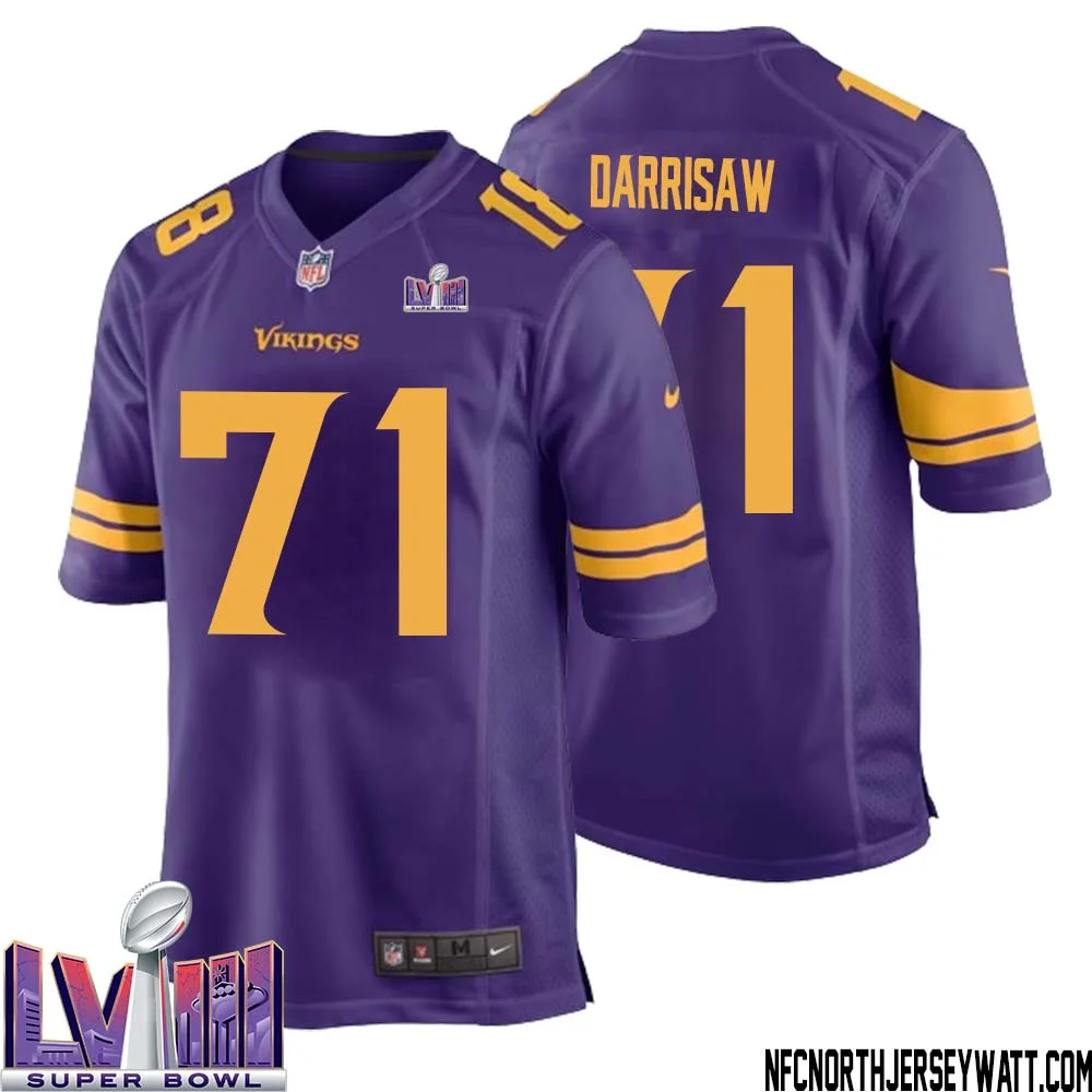 Christian Darrisaw No 71 Minnesota Vikings Super Bowl LVIII Alternate Game Jersey Purple for Men 1