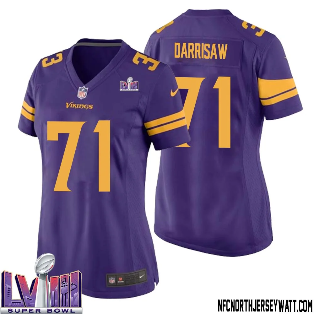 Christian Darrisaw No 71 Minnesota Vikings Super Bowl LVIII Alternate Game Jersey Purple for Women 1