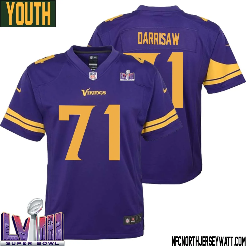 Christian Darrisaw No 71 Minnesota Vikings Super Bowl LVIII Alternate Game Jersey Purple for Youth 1