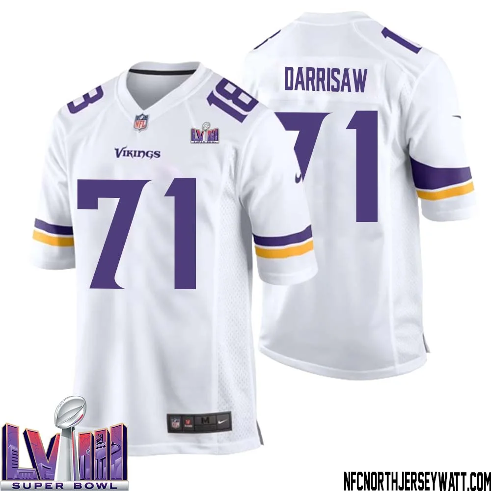 Christian Darrisaw No 71 Minnesota Vikings Super Bowl LVIII Away Game Jersey White for Men