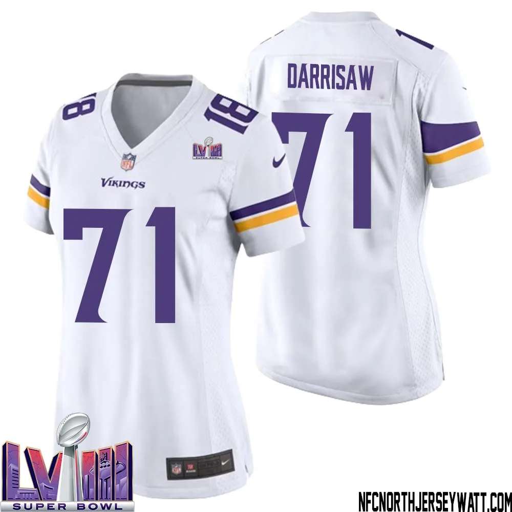 Christian Darrisaw No 71 Minnesota Vikings Super Bowl LVIII Away Game Jersey White for Women 1
