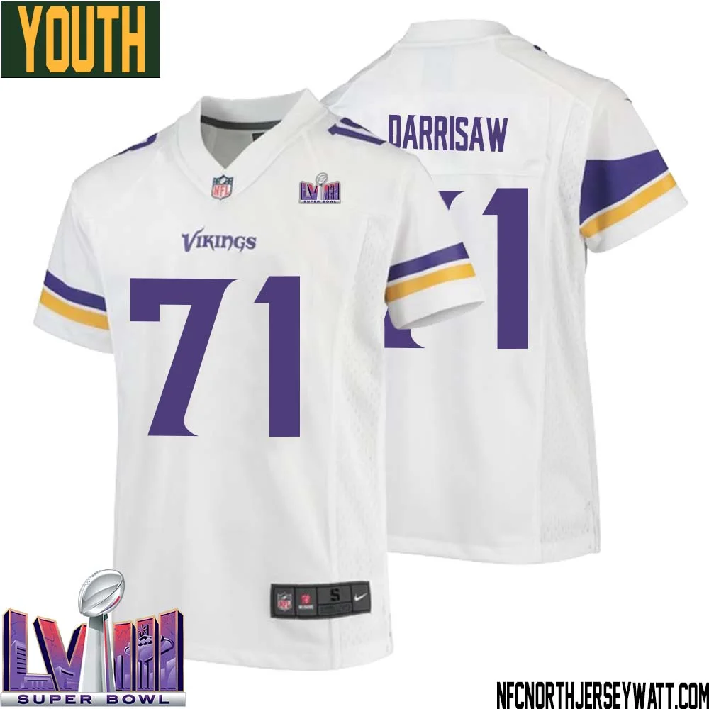 Christian Darrisaw No 71 Minnesota Vikings Super Bowl LVIII Away Game Jersey White for Youth 1