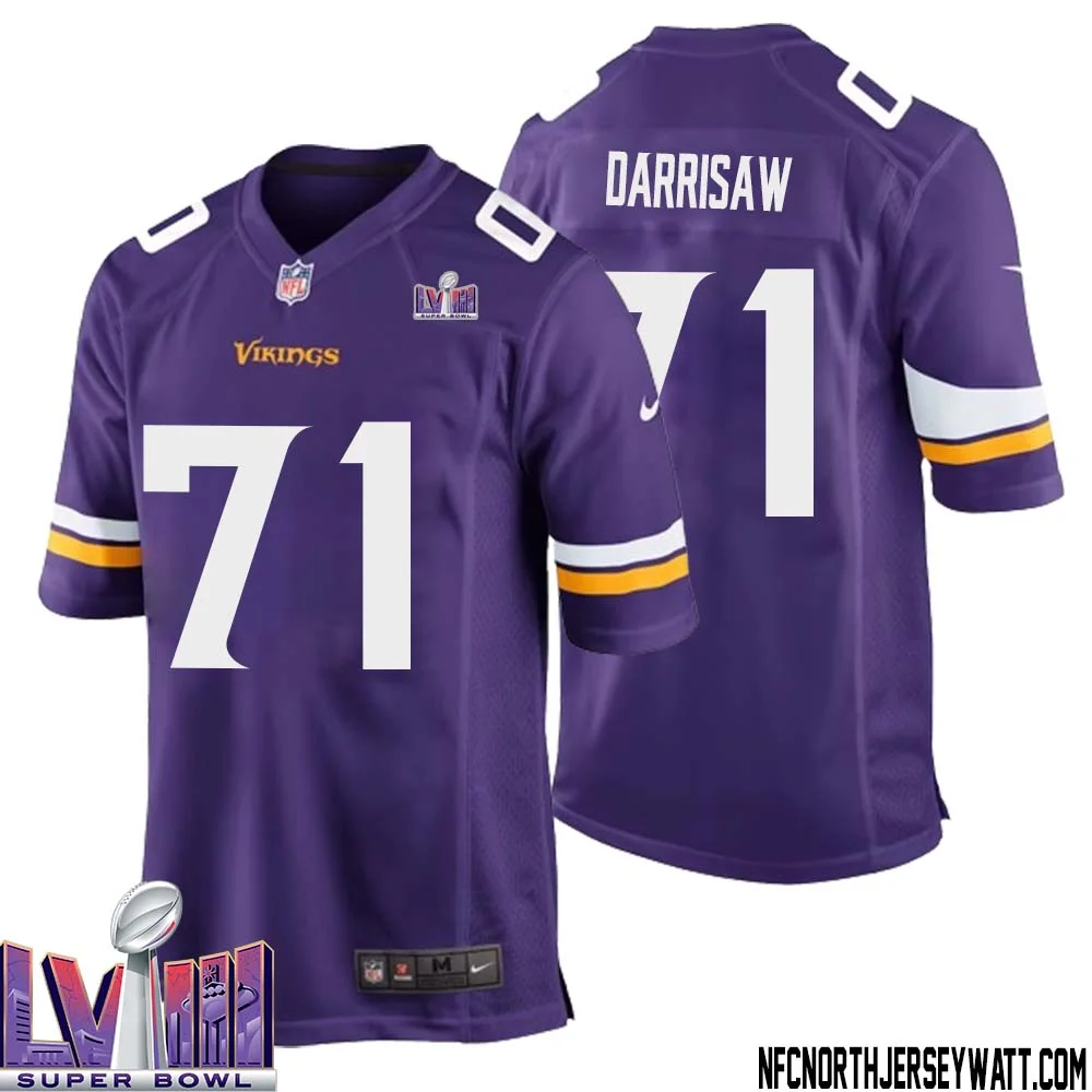 Christian Darrisaw No 71 Minnesota Vikings Super Bowl LVIII Home Game Jersey Court Purple for Mens 1
