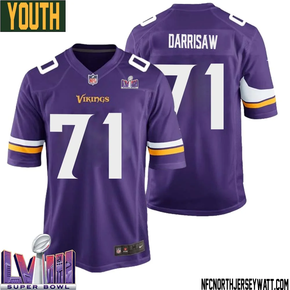 Christian Darrisaw No 71 Minnesota Vikings Super Bowl LVIII Home Game Jersey Court Purple for Youth 1