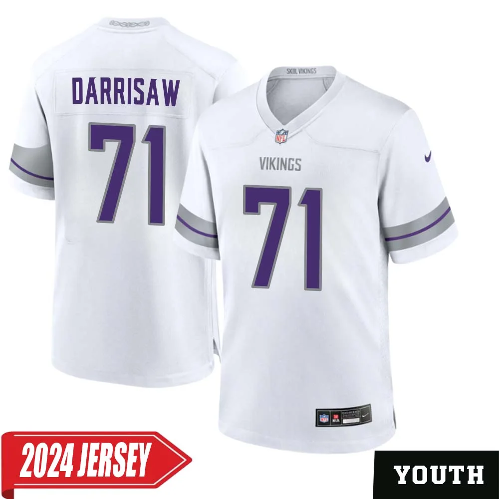Christian Darrisaw No 71 Youth s Minnesota Vikings White Alternate Custom Game 2024 Jersey