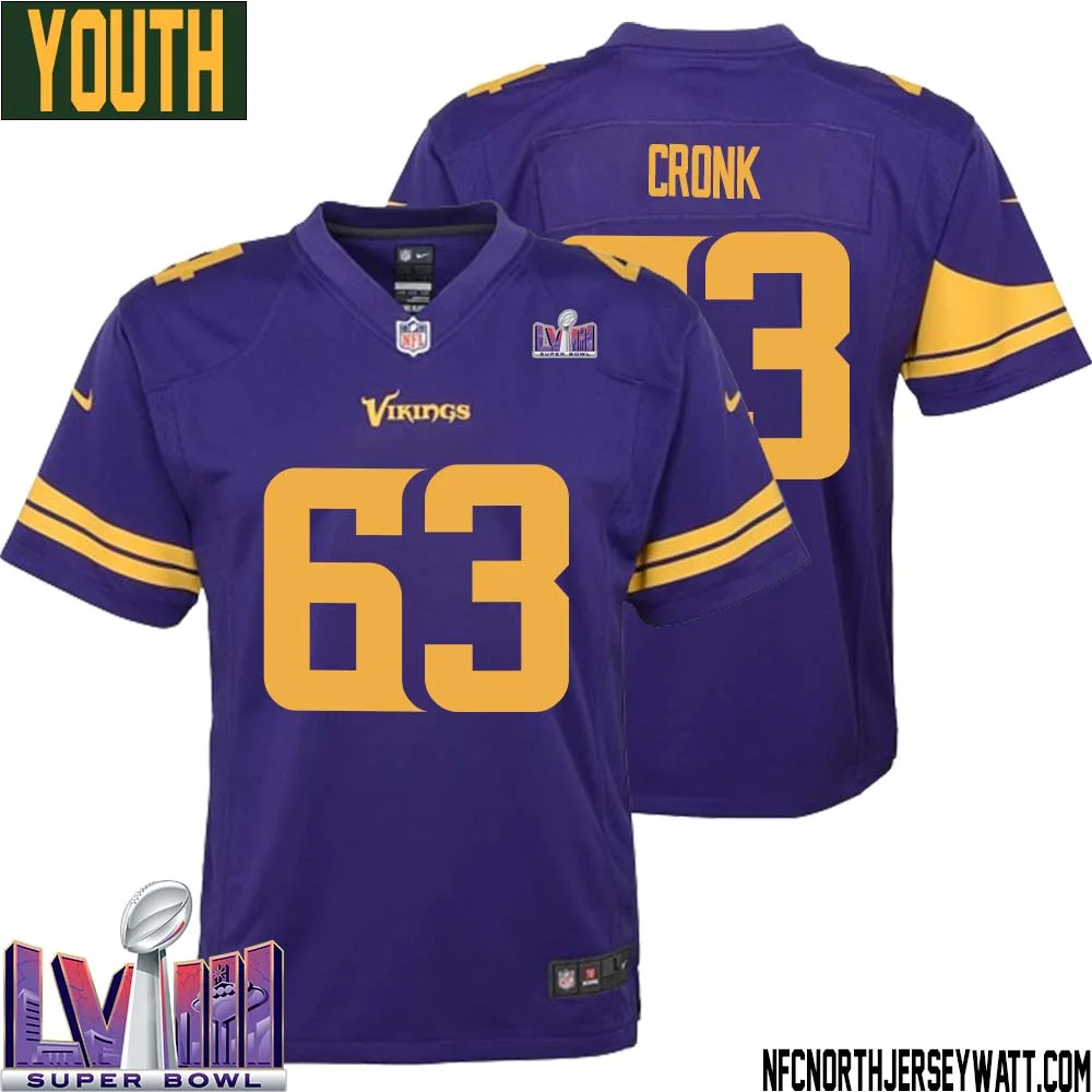 Coy Cronk No 63 Minnesota Vikings Super Bowl LVIII Alternate Game Jersey Purple for Youth 1