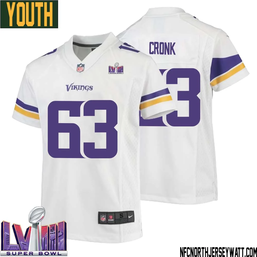 Coy Cronk No 63 Minnesota Vikings Super Bowl LVIII Away Game Jersey White for Youth 1