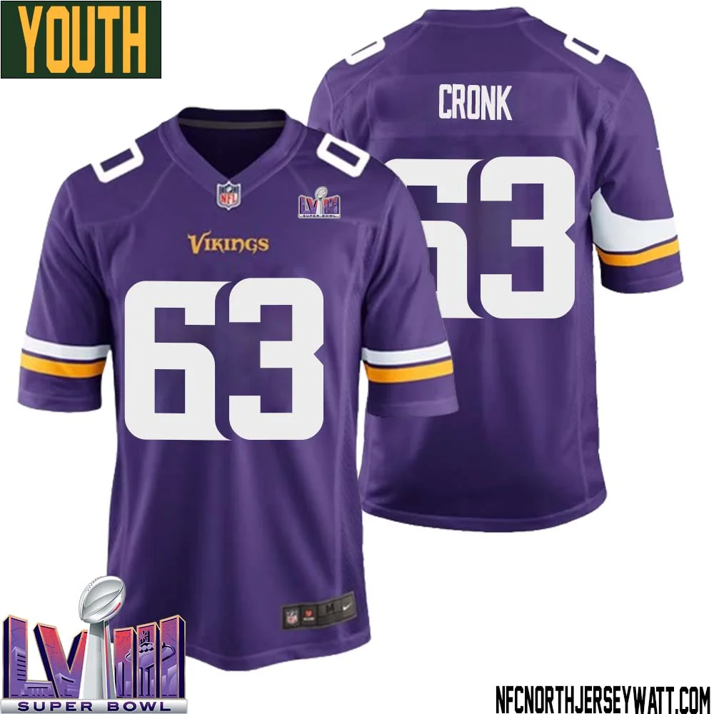 Coy Cronk No 63 Minnesota Vikings Super Bowl LVIII Home Game Jersey Court Purple for Youth 1