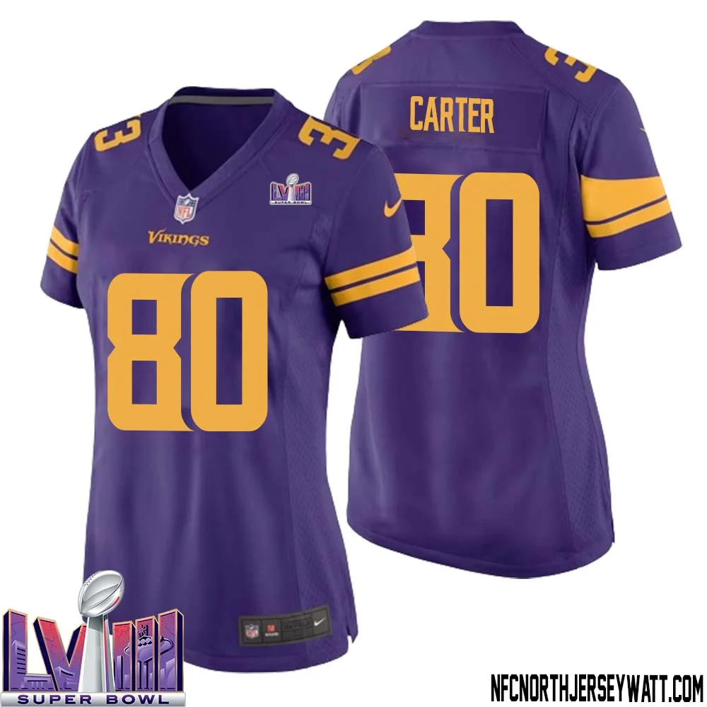 Cris Carter No 80 Minnesota Vikings Super Bowl LVIII Alternate Game Jersey Purple for Women