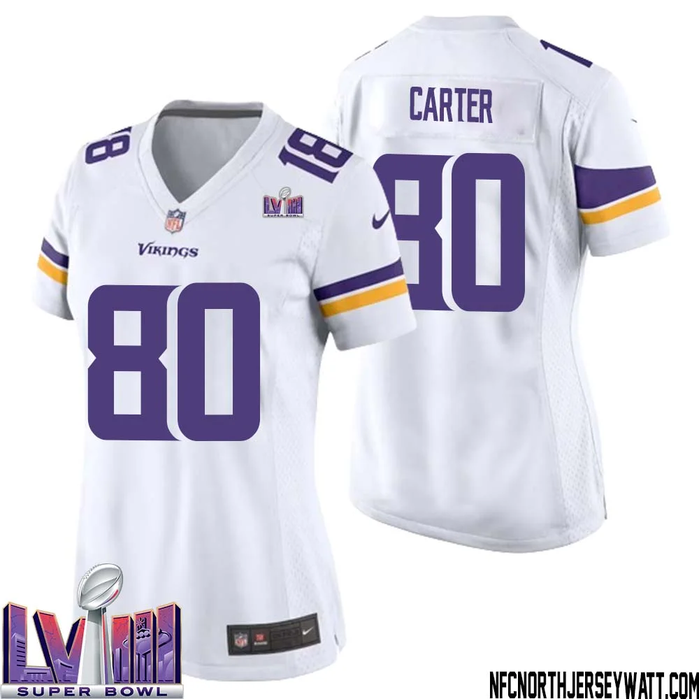 Cris Carter No 80 Minnesota Vikings Super Bowl LVIII Away Game Jersey White for Women 1