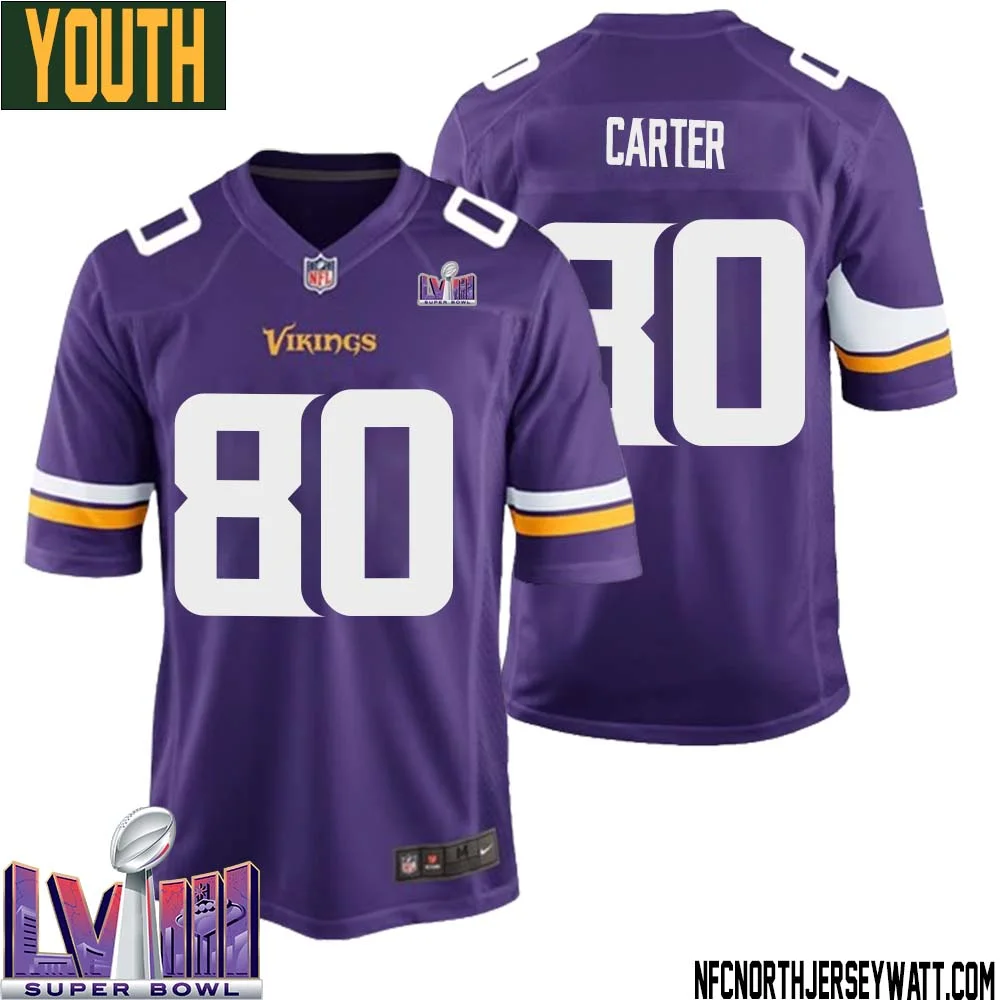Cris Carter No 80 Minnesota Vikings Super Bowl LVIII Home Game Jersey Court Purple for Youth 1