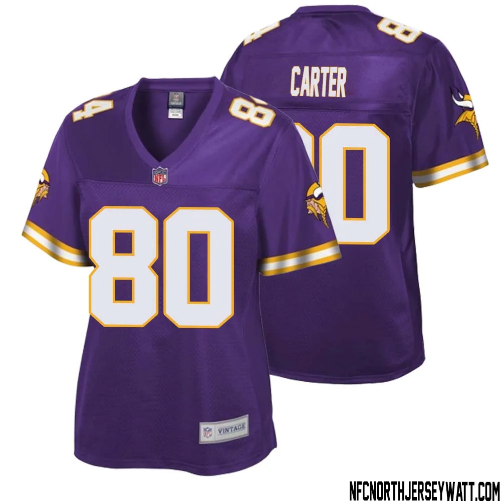 Cris Carter No 80 Women NFL Pro Line Purple Minnesota Vikings Retired Player Replica Jersey 1