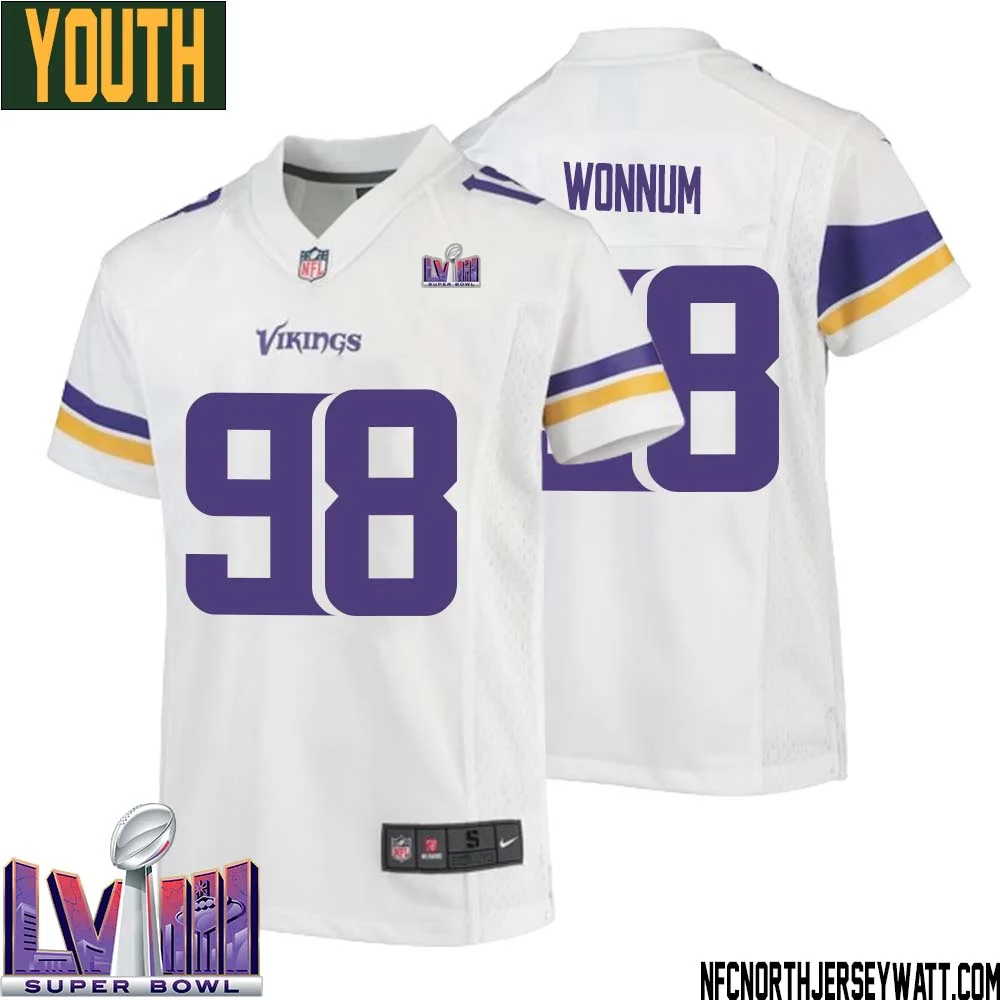 D.J. Wonnum No 98 Minnesota Vikings Super Bowl LVIII Away Game Jersey White for Youth 1