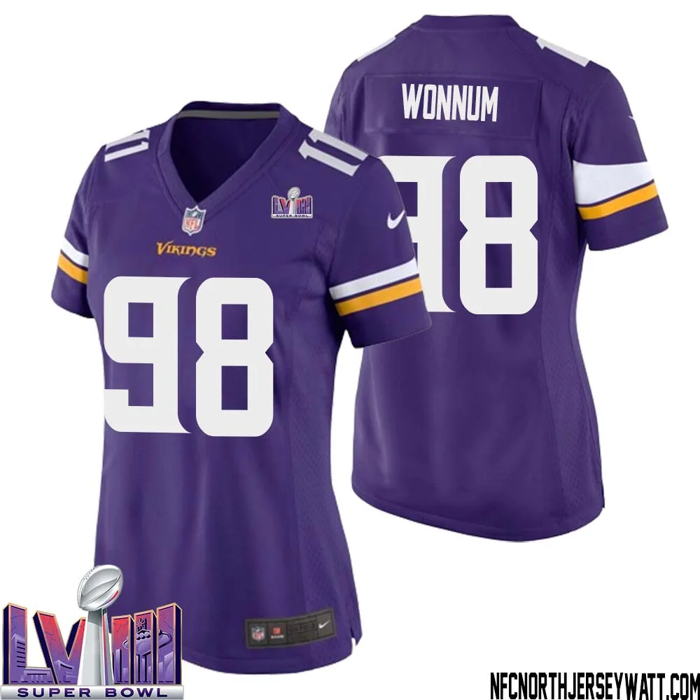 D.J. Wonnum No 98 Minnesota Vikings Super Bowl LVIII Home Game Jersey Court Purple for Women