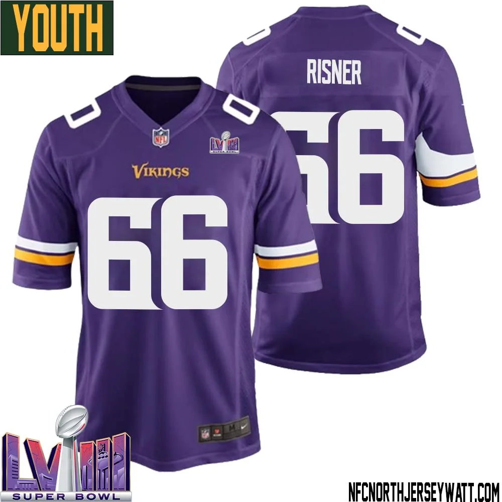 Dalton Risner No 66 Minnesota Vikings Super Bowl LVIII Home Game Jersey Court Purple for Youth 1
