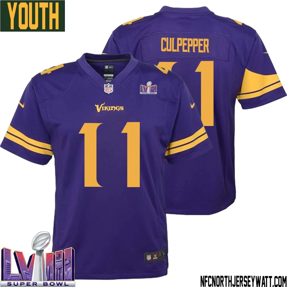 Daunte Culpepper No 11 Minnesota Vikings Super Bowl LVIII Alternate Game Jersey Purple for Youth