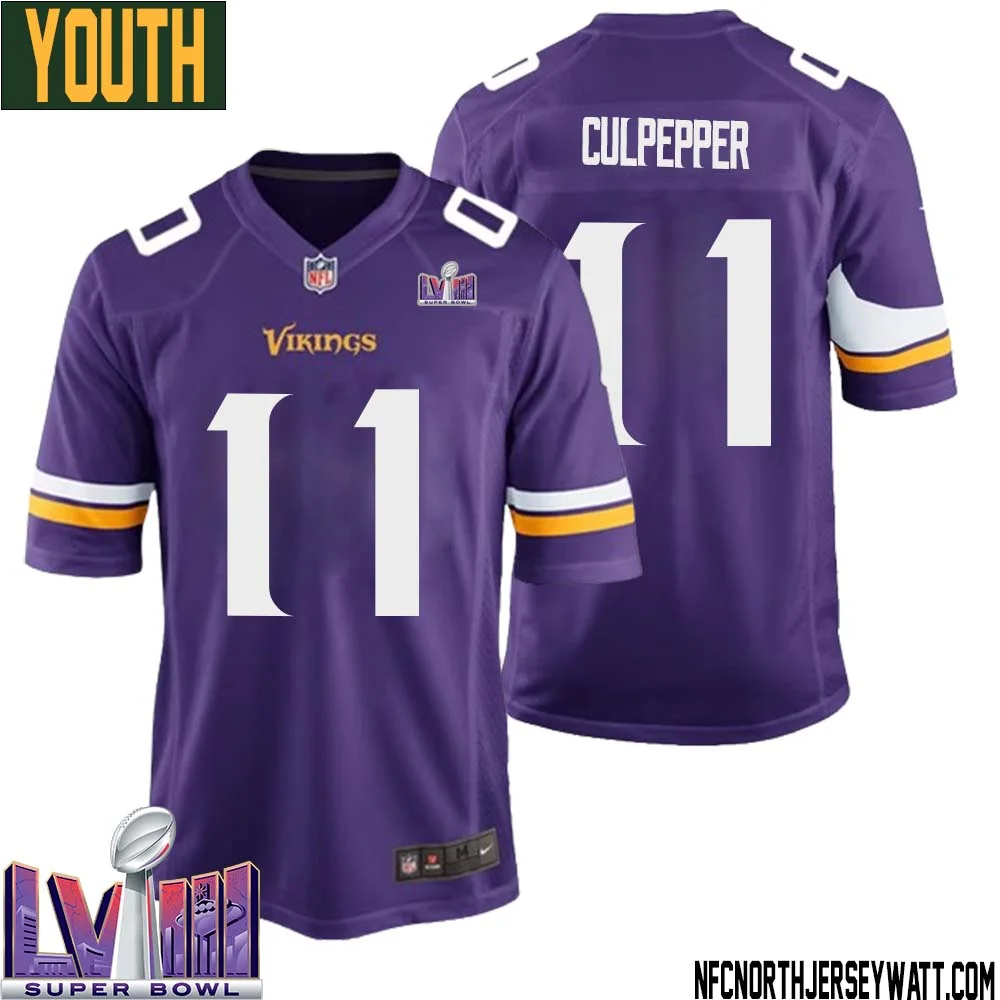 Daunte Culpepper No 11 Minnesota Vikings Super Bowl LVIII Home Game Jersey Court Purple for Youth 1