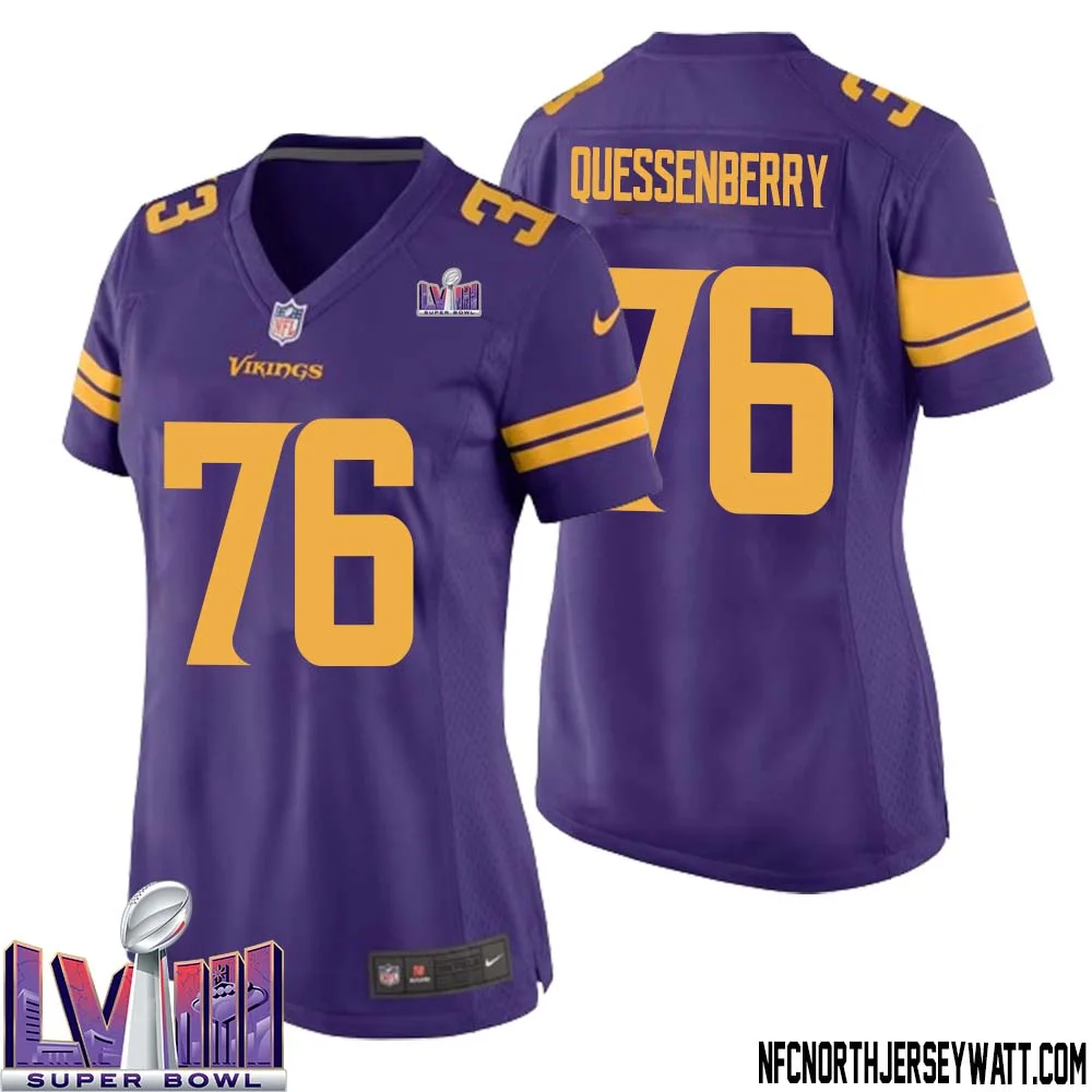 David Quessenberry No 76 Minnesota Vikings Super Bowl LVIII Alternate Game Jersey Purple for Women