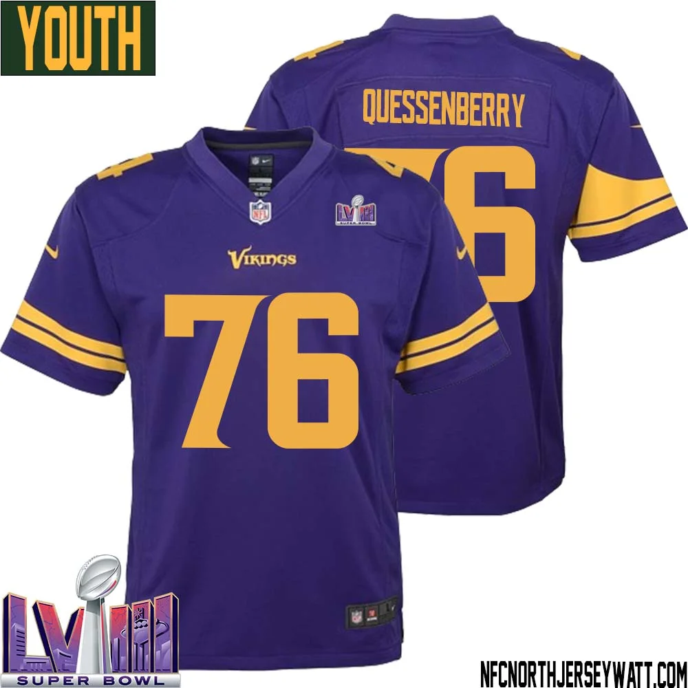 David Quessenberry No 76 Minnesota Vikings Super Bowl LVIII Alternate Game Jersey Purple for Youth