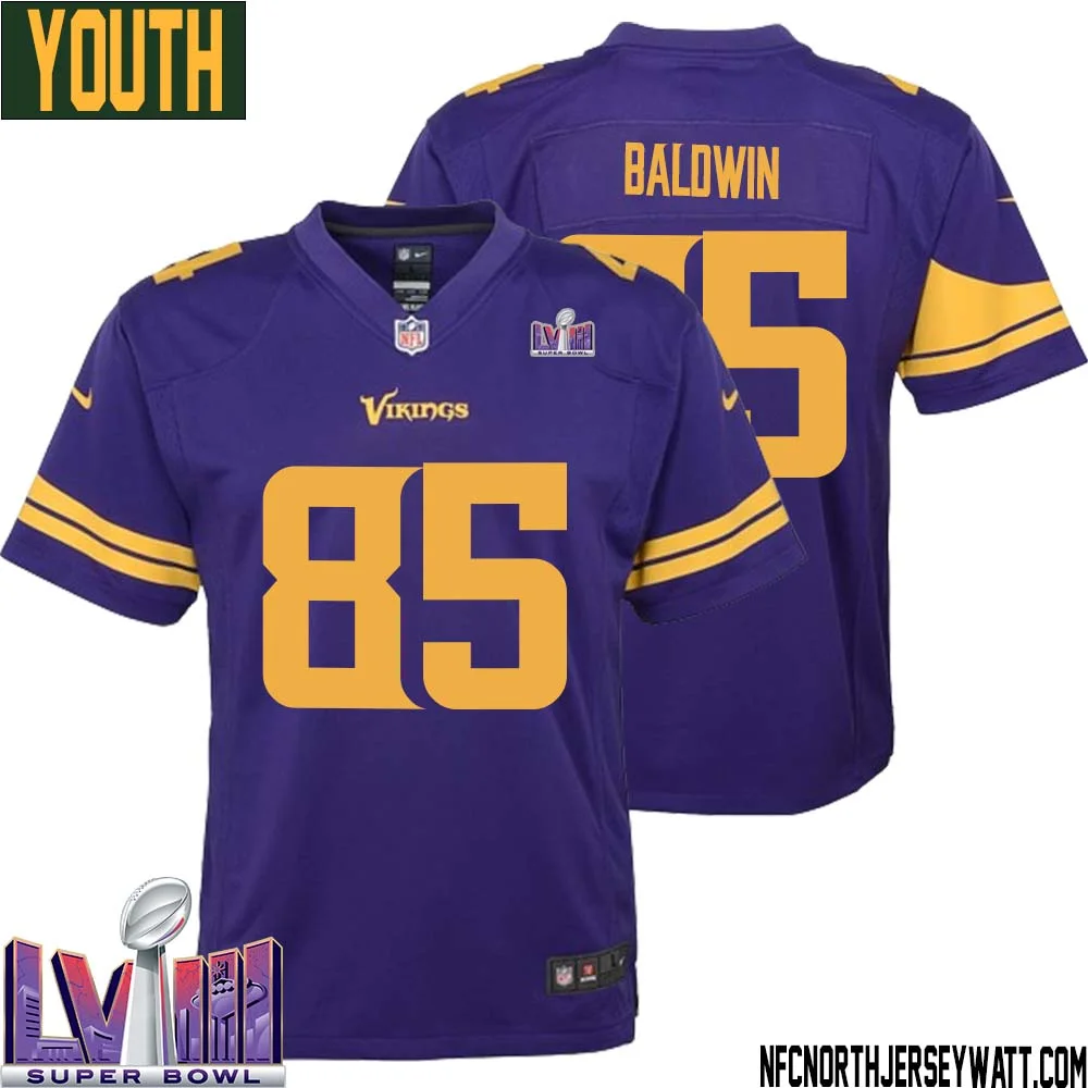 Daylen Baldwin No 85 Minnesota Vikings Super Bowl LVIII Alternate Game Jersey Purple for Youth