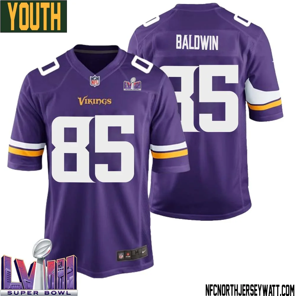 Daylen Baldwin No 85 Minnesota Vikings Super Bowl LVIII Home Game Jersey Court Purple for Youth 1