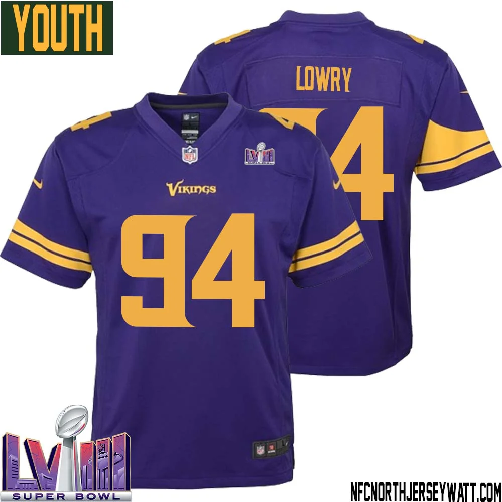 Dean Lowry No 94 Minnesota Vikings Super Bowl LVIII Alternate Game Jersey Purple for Youth 1