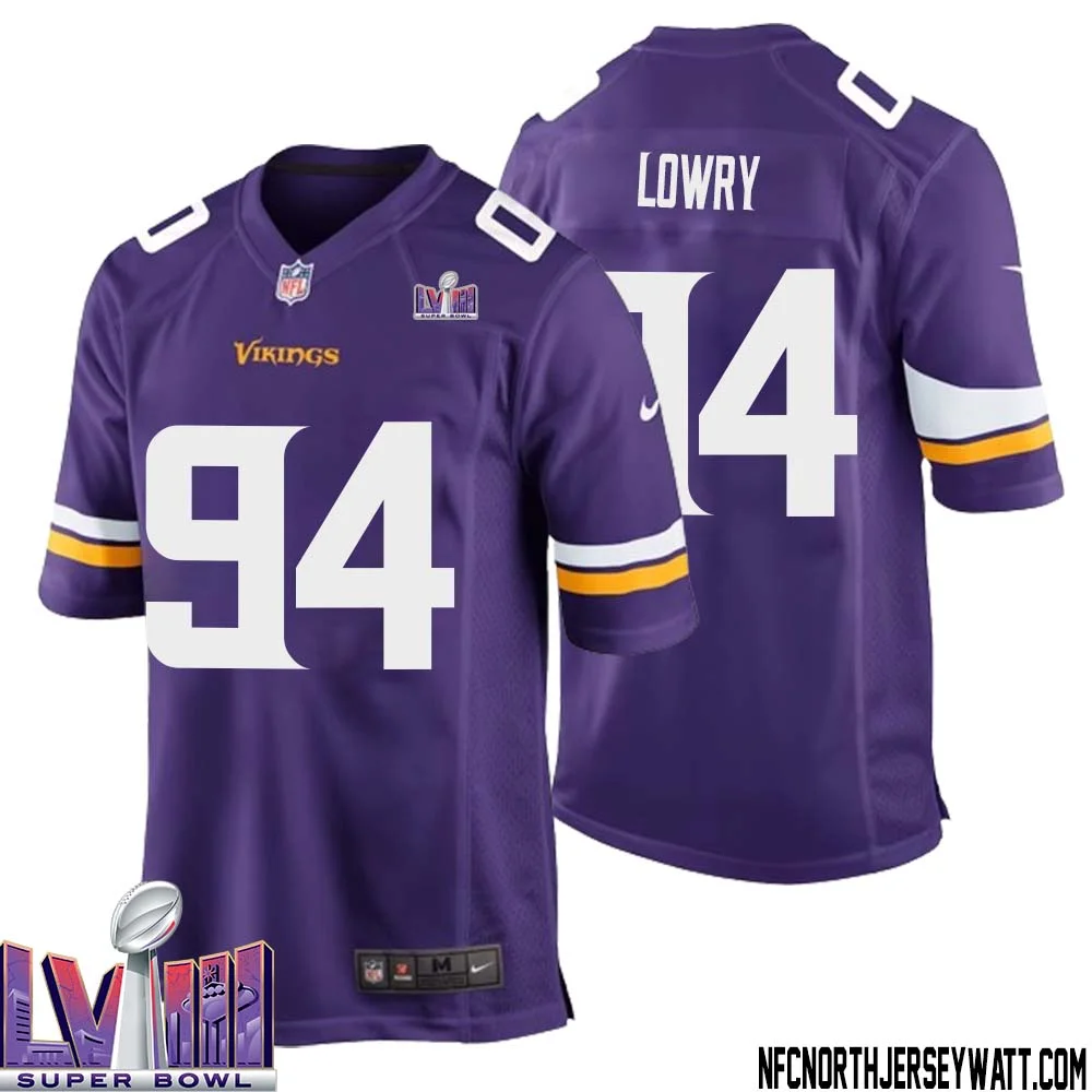 Dean Lowry No 94 Minnesota Vikings Super Bowl LVIII Home Game Jersey Court Purple for Mens 1