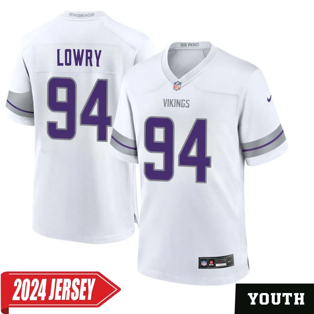 Dean Lowry No 94 Youth s Minnesota Vikings White Alternate Custom Game 2024 Jersey