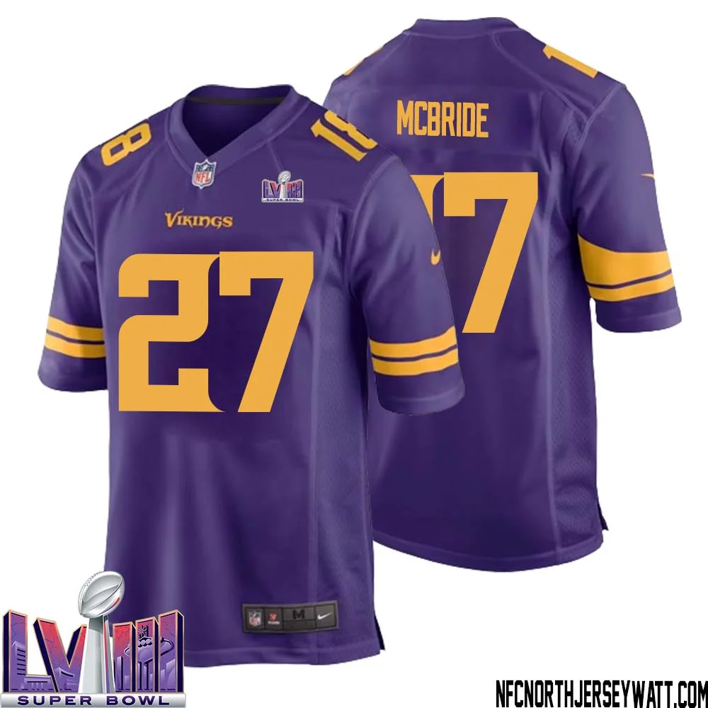 DeWayne McBride No 27 Minnesota Vikings Super Bowl LVIII Alternate Game Jersey Purple for Men