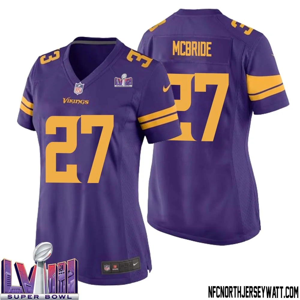DeWayne McBride No 27 Minnesota Vikings Super Bowl LVIII Alternate Game Jersey Purple for Women 1