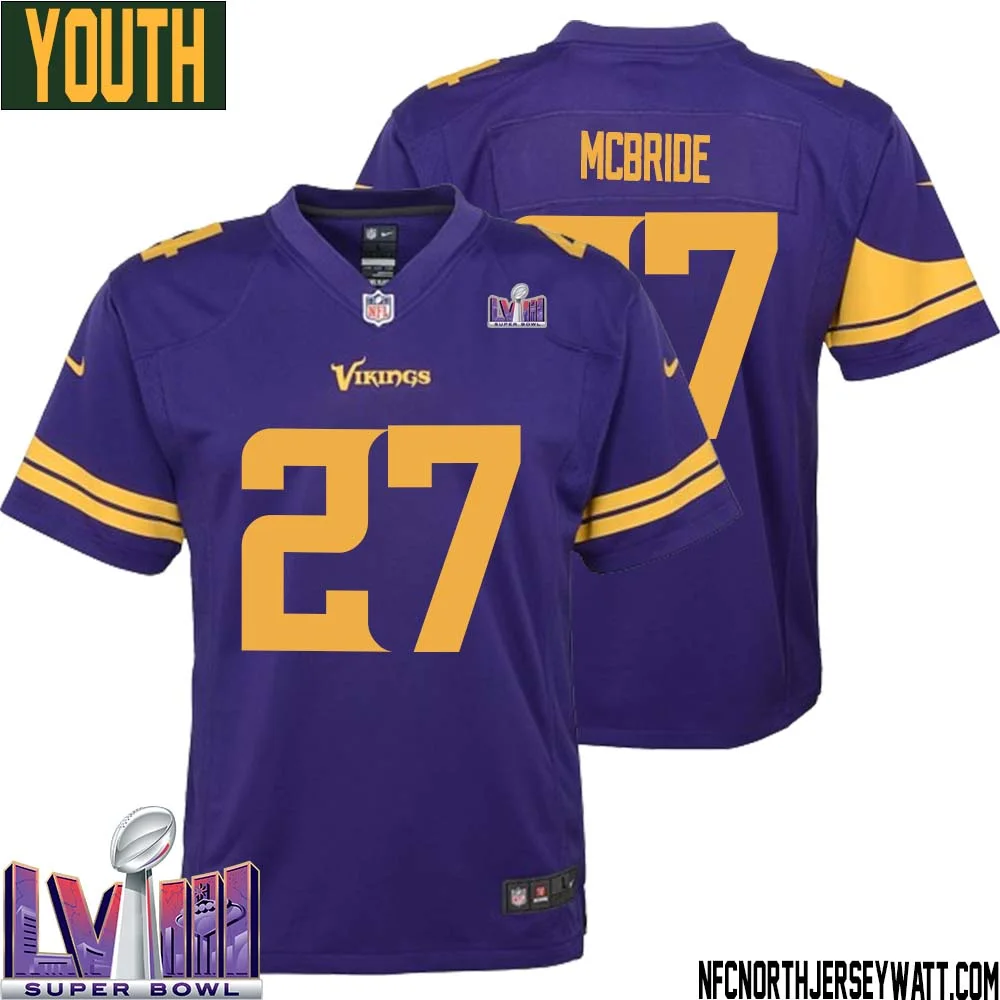 DeWayne McBride No 27 Minnesota Vikings Super Bowl LVIII Alternate Game Jersey Purple for Youth 1