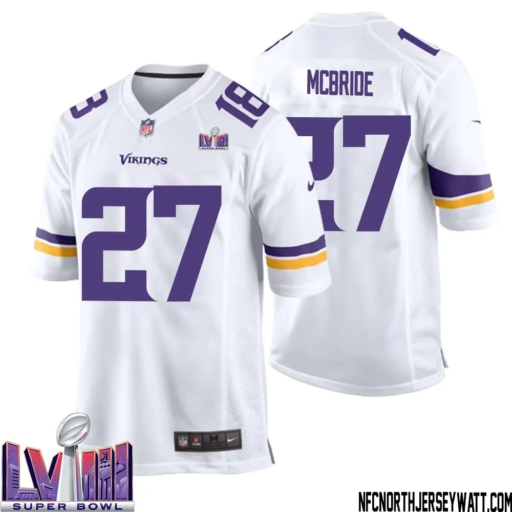 DeWayne McBride No 27 Minnesota Vikings Super Bowl LVIII Away Game Jersey White for Men