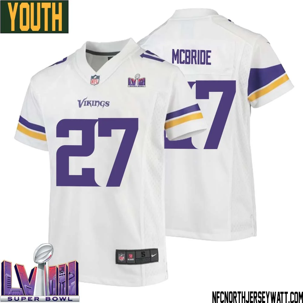 DeWayne McBride No 27 Minnesota Vikings Super Bowl LVIII Away Game Jersey White for Youth