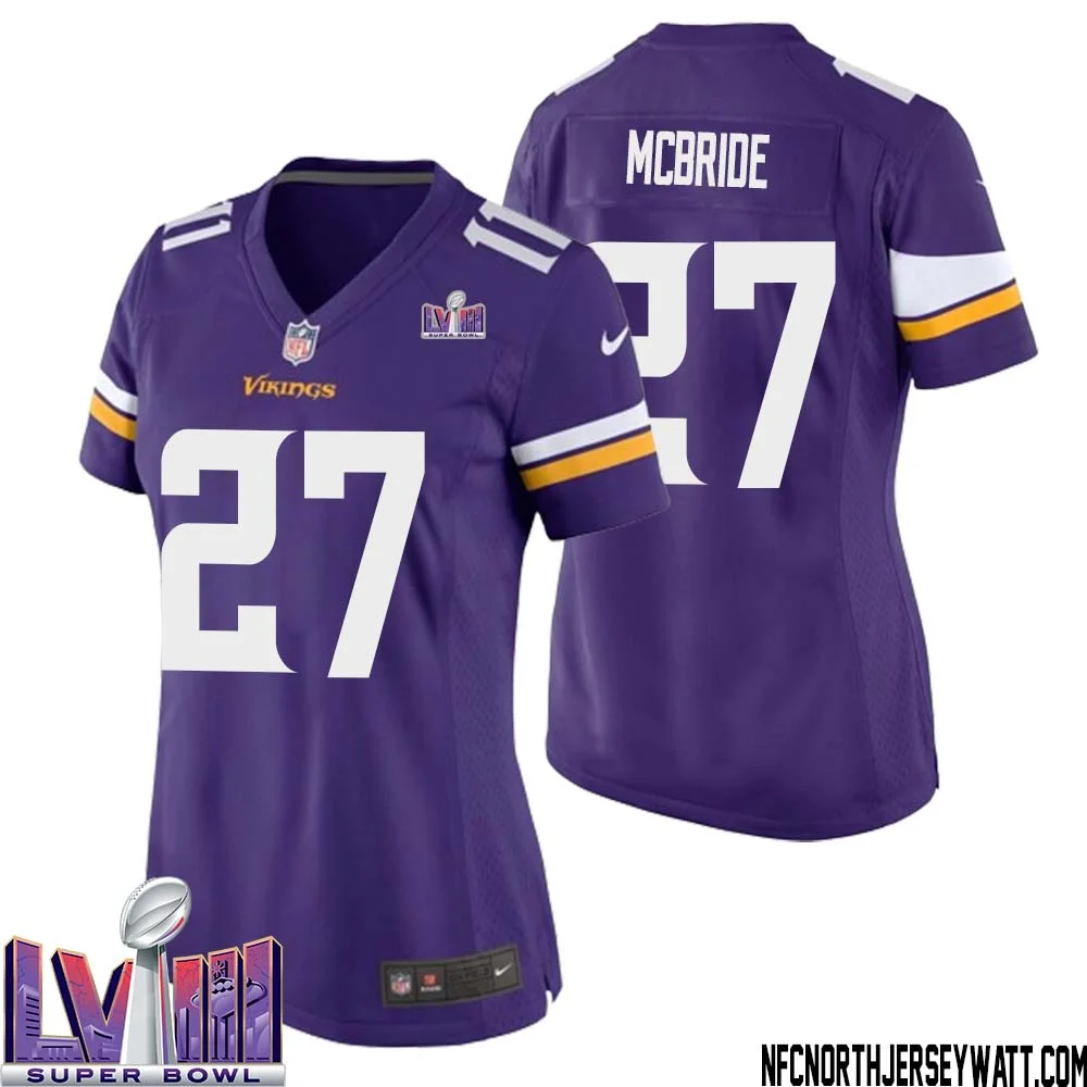 DeWayne McBride No 27 Minnesota Vikings Super Bowl LVIII Home Game Jersey Court Purple for Women 1