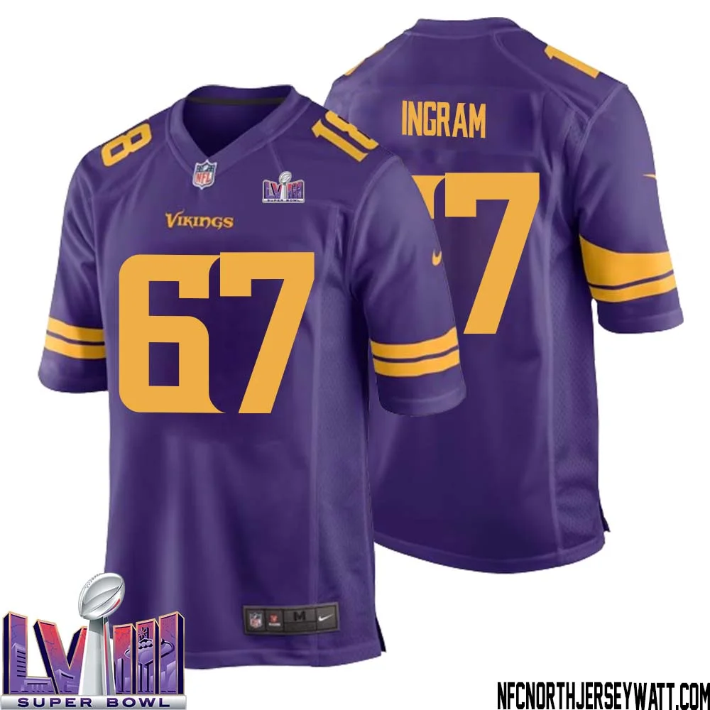 Ed Ingram No 67 Minnesota Vikings Super Bowl LVIII Alternate Game Jersey Purple for Men 1