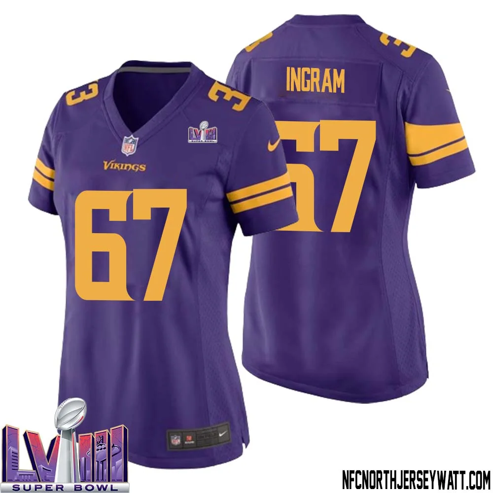 Ed Ingram No 67 Minnesota Vikings Super Bowl LVIII Alternate Game Jersey Purple for Women