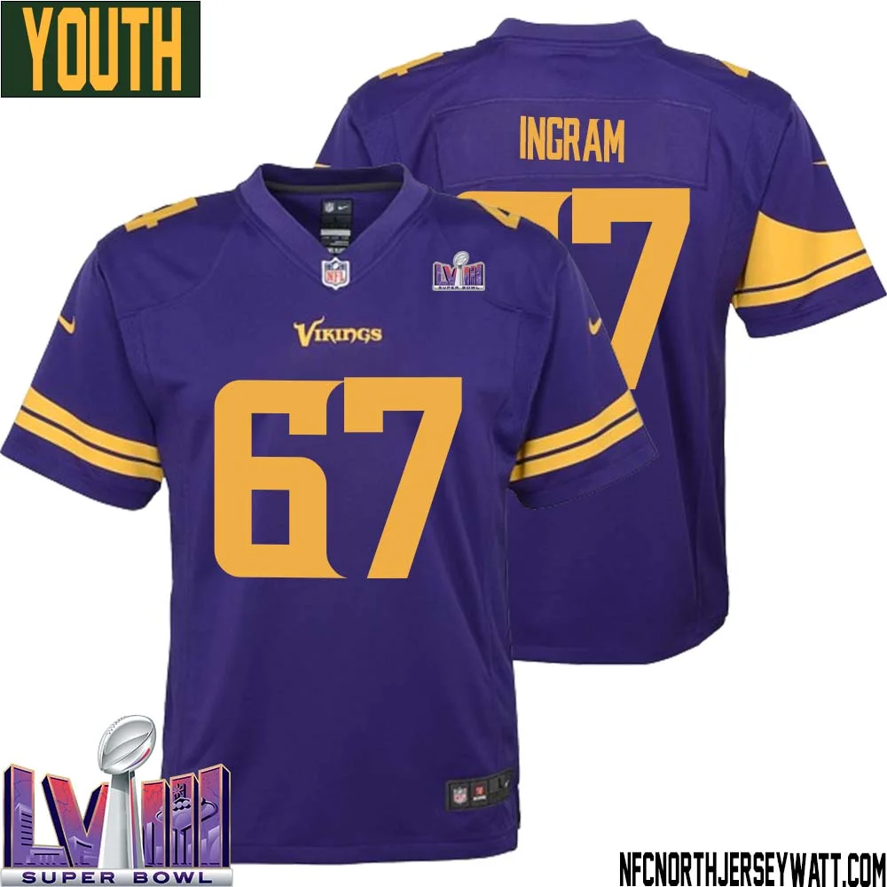 Ed Ingram No 67 Minnesota Vikings Super Bowl LVIII Alternate Game Jersey Purple for Youth