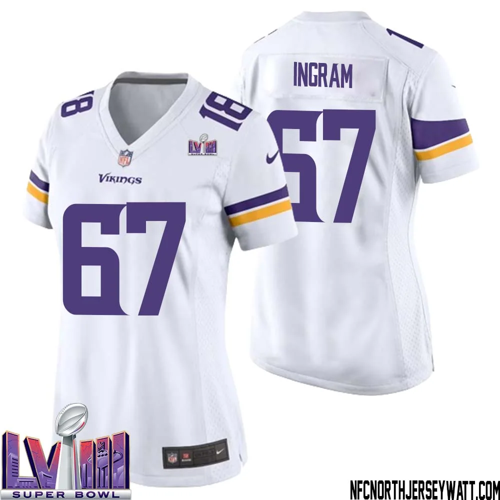 Ed Ingram No 67 Minnesota Vikings Super Bowl LVIII Away Game Jersey White for Women 1
