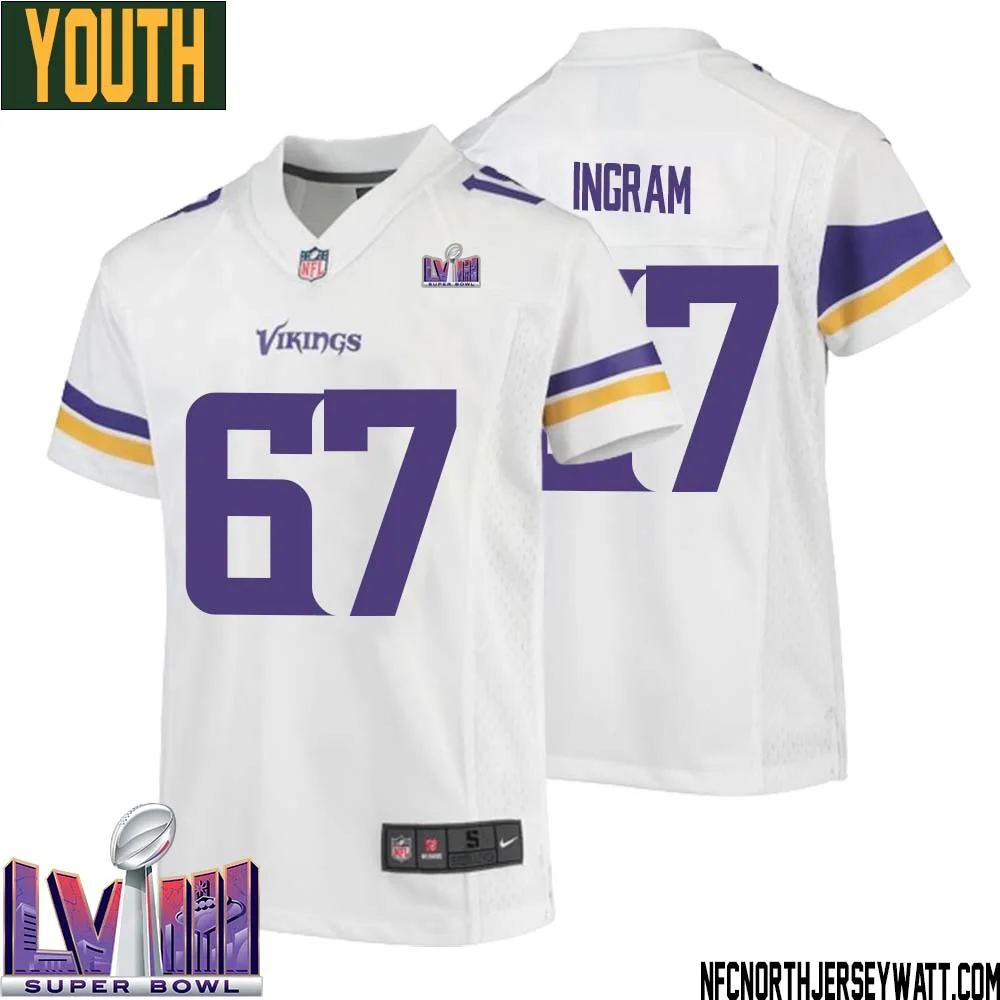 Ed Ingram No 67 Minnesota Vikings Super Bowl LVIII Away Game Jersey White for Youth 1