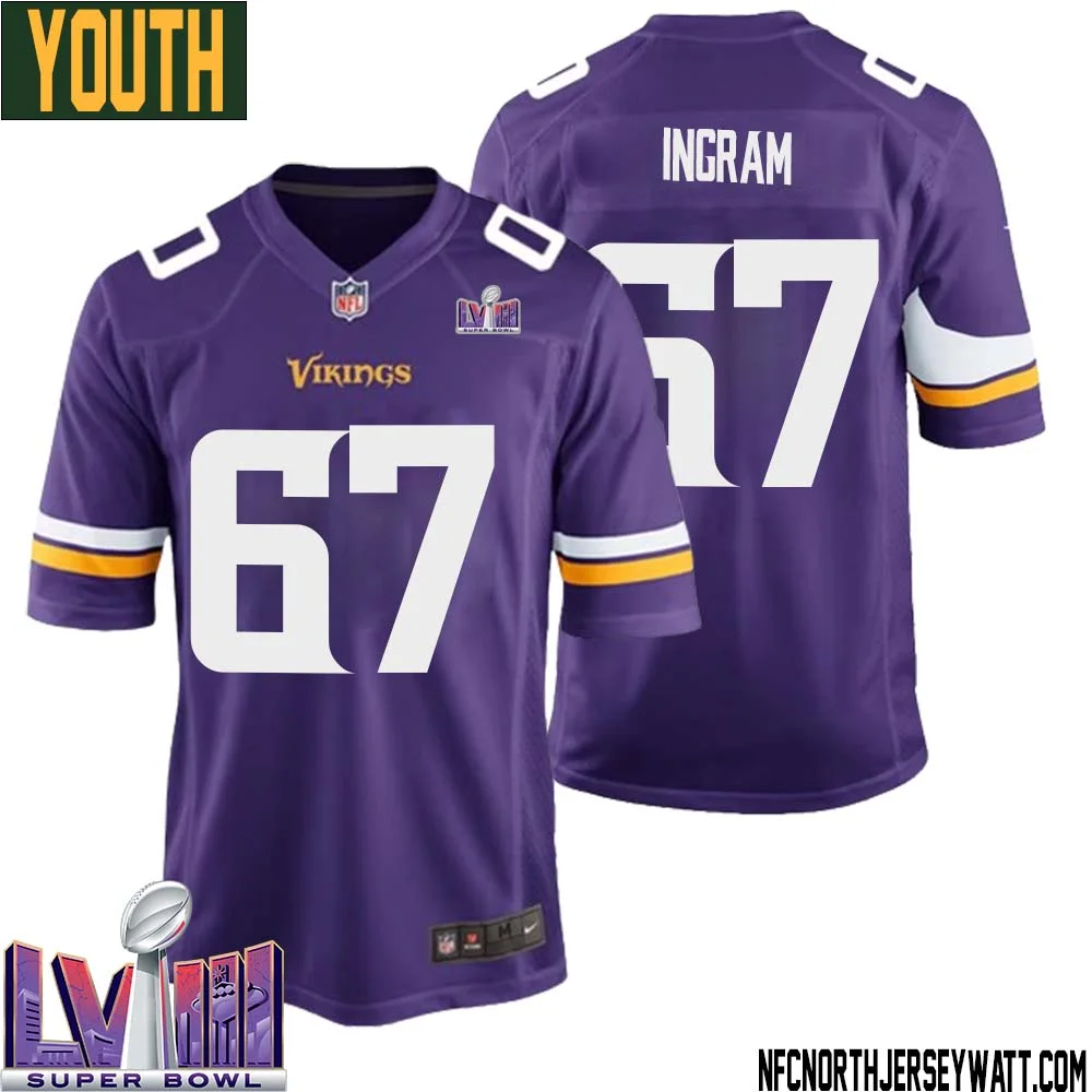 Ed Ingram No 67 Minnesota Vikings Super Bowl LVIII Home Game Jersey Court Purple for Youth 1