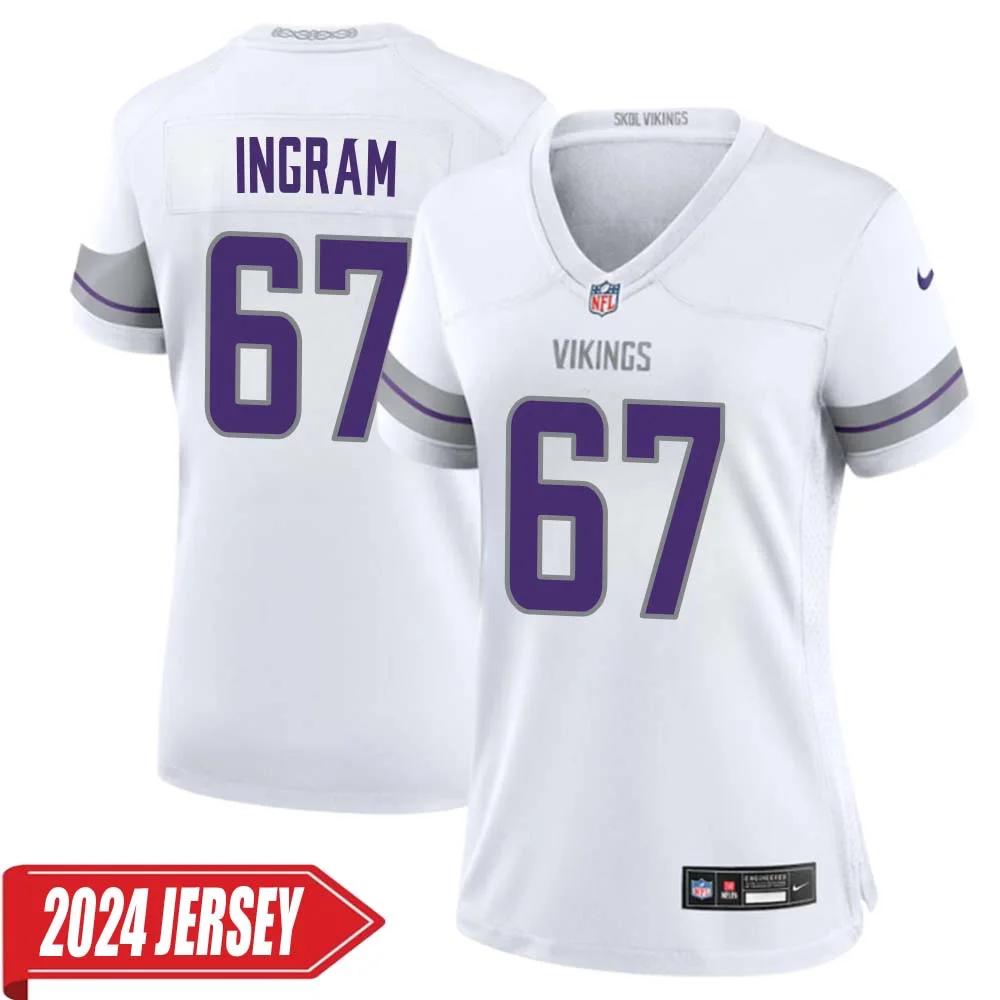 Ed Ingram No 67 Woman s Minnesota Vikings White Alternate Custom Game 2024 Jersey
