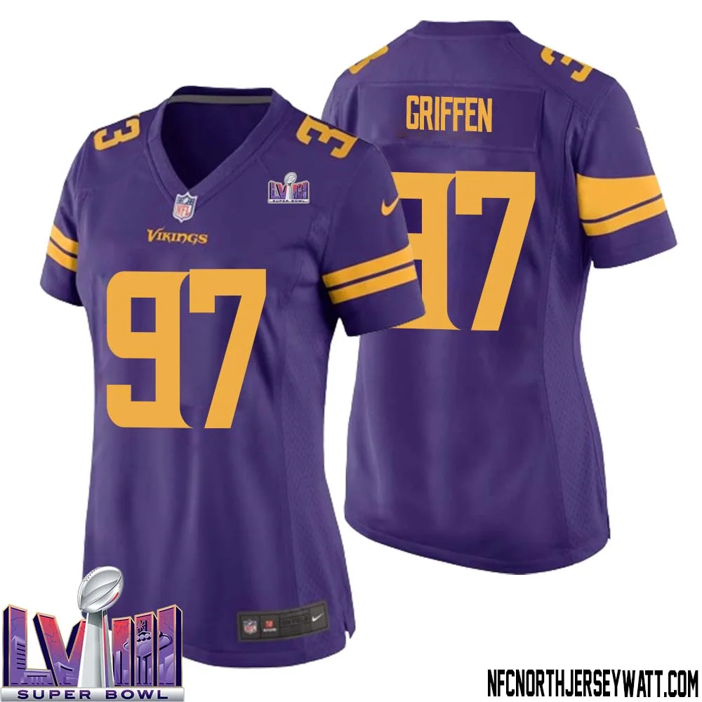 Everson Griffen No 97 Minnesota Vikings Super Bowl LVIII Alternate Game Jersey Purple for Women