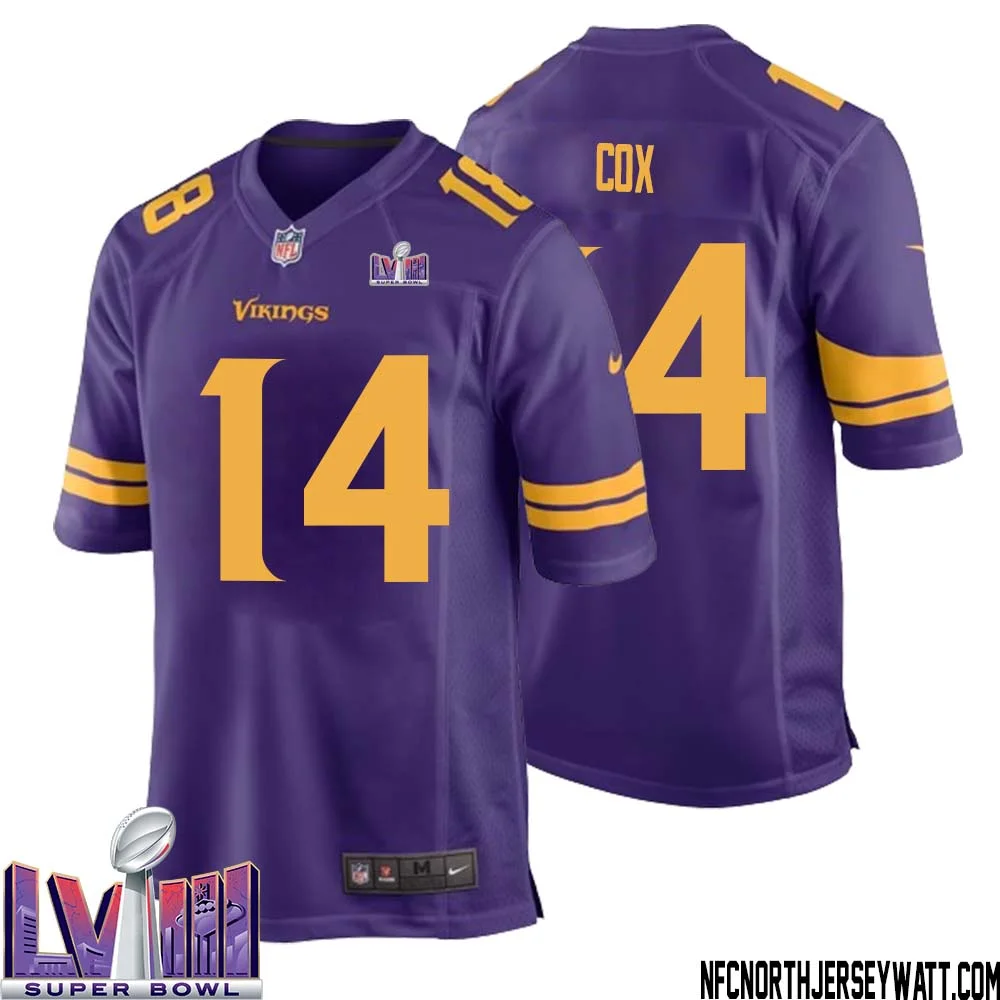 Fred Cox No 14 Minnesota Vikings Super Bowl LVIII Alternate Game Jersey Purple for Men